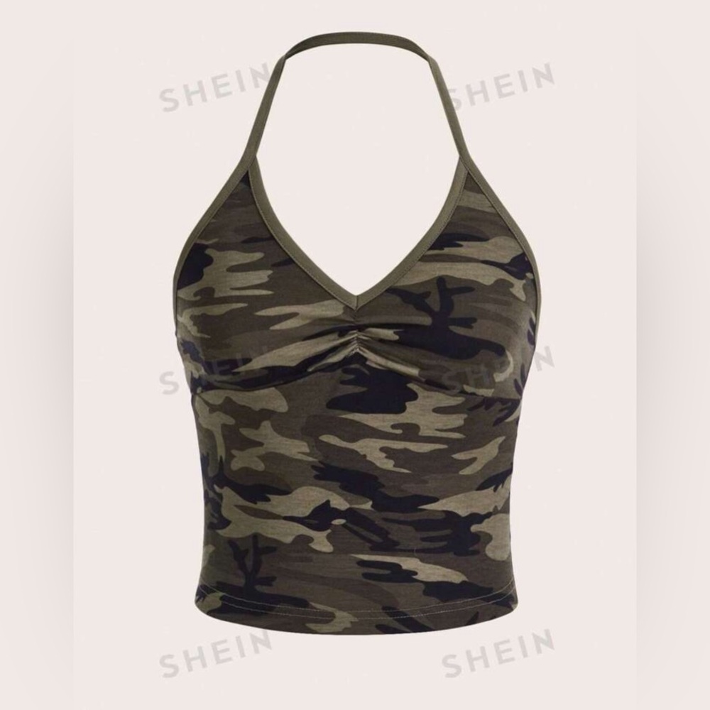 Spring Camo Print Ruched Halter Top